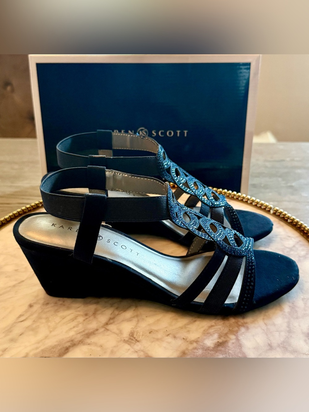 KAREN SCOTT Navy Elastic Comfort Rhinestone Wedge Sandals | SZ. 7 (NWB)